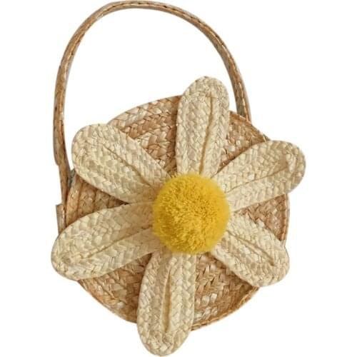 Korean Style Kids Mini Straw Bag Summer Girls Rattan Purse And Handbags Baby Flower Beach Holiday Hand Bags Tote
