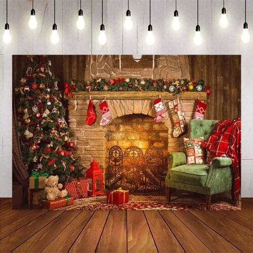 Fireplace backdrop Christmas Party Photography background Vintage X-mas tree sofa sock background for photo studio