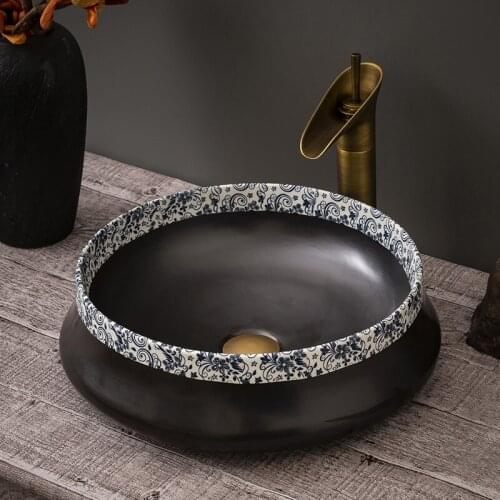 Europe Vintage Style Ceramic bowl Sinks Counter Top Wash Basin vanities Bathroom Sink vessel black ceramic wash basin