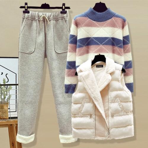 Women 2021 Winter New Fashion Suit Female Tracksuits Casual Set Fleece Jacket Coat + Sweater +Woolen Pants Three Pieces Set B440