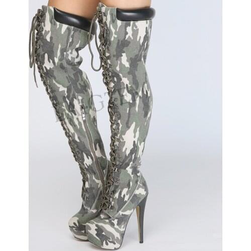 LAIGZEM Women Thigh High Camouflage Boots Heeled Platform Boots Winter Wide Calf Lace Up Shoes Botines Mujer Large Size 34-52