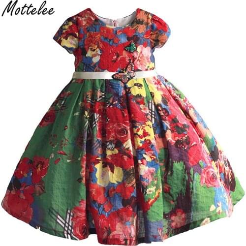 Mottelee Girls Dress Flower Print Pageant Ball Gown Cotton Kids Wedding Party Dresses Summer Baby Vintage Frock for 2-8 Years