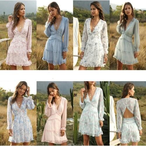 Summer Dress Women Robe Femme Long Sleeve Print Chiffon Dresses Vintage Deep V Neck Rullfes Y2K Dress For Women Vestido De Mujer