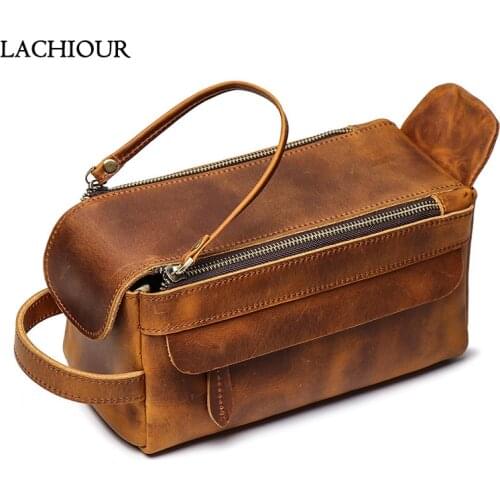 Lachiour Men Genuine Leather Wash Bag Wallet Fashion Male Long Travel Business Clutch Wallet Purse Coin Mens Handy Phone Bag