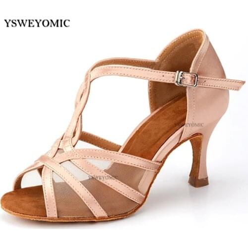 Girls Salsa Dance Shoes Meduim Heel 7cm Flesh Black Satin With Mesh Women Latin Ballroom Dance Shoes in Suede Outsole Use Indoor