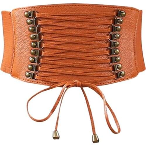 Q1QA Women Elastic Wide Band Tied Waspie Girl Corset Waist Punk Cincher Belt PU Leather