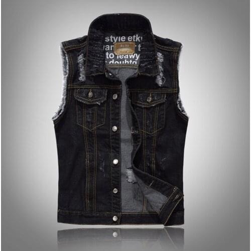 Ripped Jean Jacket Mens Denim Vest Hip Hop Jean Coats Waistcoat Men Cowboy Brand Sleeveless Jacket Male Tank Plus Size M-5XL