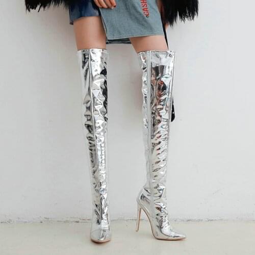 Women Thigh High Boots 12cm Thin High Heels Silver Mirror Over the Knee Boots with Zipper Nightclub Cosplay Fetish Size 34-43