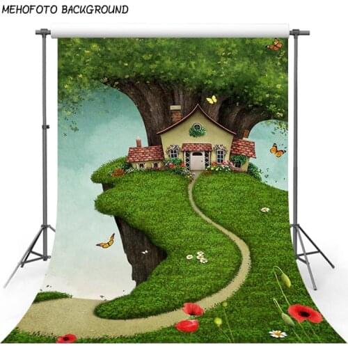 Fairytale Photography Background Backdrops Large Green Tree Wooden House Nature Background for Kids Party Theme Photo Backdrops