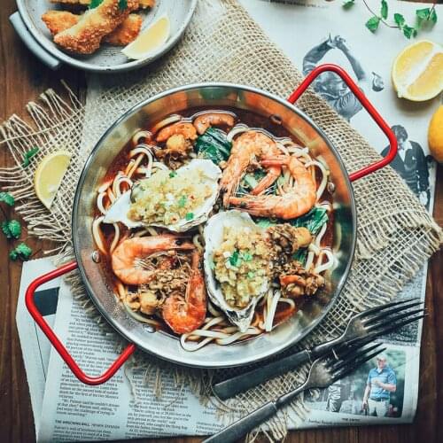 Spanish paella seafood pan double ear stainless steel frying pot fried chicken plate hamburger snack plate risotto chef pan