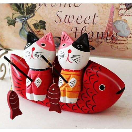 Swedish Wood Kitty Cat Statue Fishing Kitten Red Fish Figurine Home Decorative