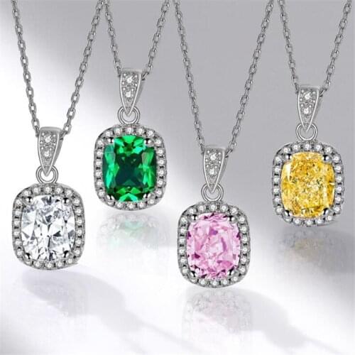 Unique Luxury Jewelry 925 Sterling Silver Cushion Shape Multi Color Gemstones Emerald CZ Diamond Women Pendant Clavicle Necklace