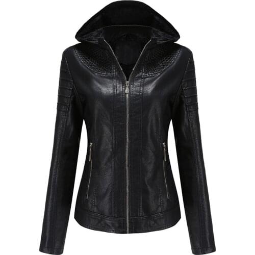 Casual Solid Color Zipper Pu Leather Jacket Coat Women Spring Autumn Tunic Outerwear 2020 Female Large Size Hooded Plus Velvet