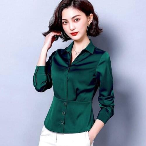 2019 Spring Fall Women Female Slim Fit Green Wine Red Black Imitation Silk Blouse Top , Office Lady Womens Woman Blouses Tops