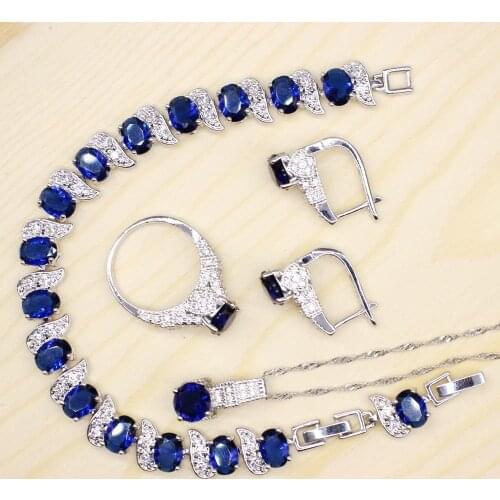 Vintage Bridal Jewelry Sets for Women Royal Blue Necklace Pendant Crystal Earrings Rings Bracelet Free Gift Jewelry Box
