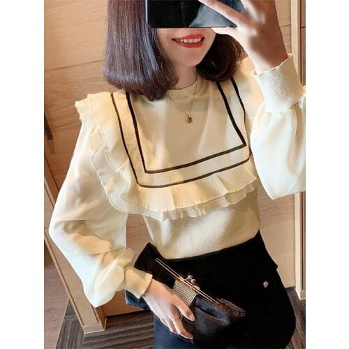 Temperament Sweater Womens Autumn And Winter New Chiffon Long Sleeve Ruffle Knitted Top