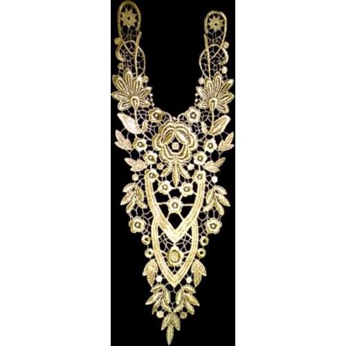 Gold Embroidered Polyester Applique Patches Flower Lace Trim Neckline Collar Venise Fabric Sewing DIY Craft