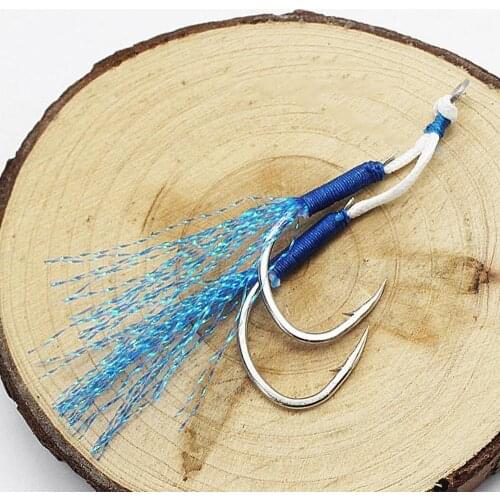 10pair/Lot Ring JigLure Assist Hook Jigging Fishjig Jig Barbed Feather Peche Hooks Fishing Double Blue Assist Pesca P M0U8