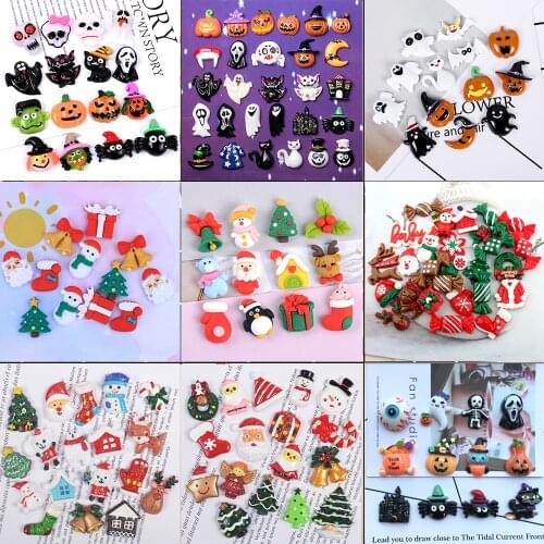 20Pcs Mixed Halloween Christmas Series Flat Back Resin Cabochon Scrapbooking Hair Bow Center Embellishments DIY Accessories