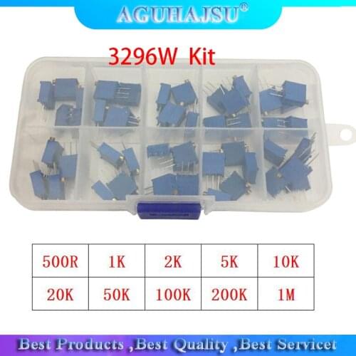 50pcs 3296W Multiturn Trimmer Potentiometer Kit 501 102 202 502 103 203 503 104 204 504 500 1K 2K 5K 10K 20K 50K 100K 200K 500K