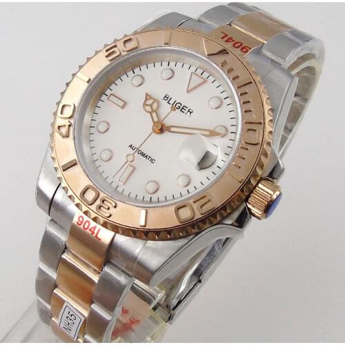 BLIGER White Nologo Men Watch NH35A Automatic Wristwatch Two Tone Rose Gold Oyster Bracelet Sapphire Crystal Date Magnifier