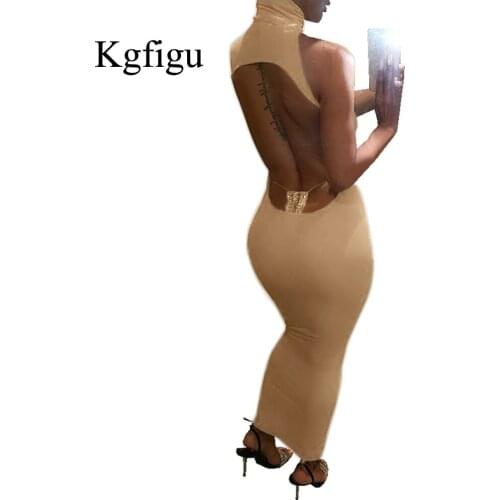 KGFIGU Maxi Long Dresss For Summer Women Beachwear Sexy Backless High Neck Bodycon Vestidos Hot Sale