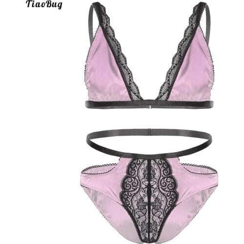 TiaoBug Men Satin Lingerie Set Lace Trimming Adjustable Shoulder Strap Bra Tops With Low Rise Briefs Male Intimates Underwear