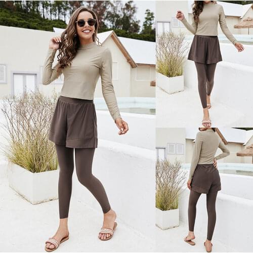 Muslim Women Swimwear Conservative Full-enclosed Sunscreen Long-sleeved Top with Fake Two-piece Trousers Swimsuit Suit