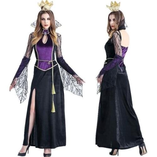Fashion Purple Queen Long Dress with Crow Costume Adult Elf Princess Dress Fairy Tale Cosplay Witch Costume Sexy Girls Dress