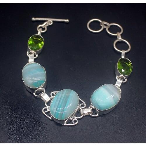 Fashion Jewelry Green Botswana Agatee Peridot Color Charms Links Bracelets For Women 7.75 inch HD684