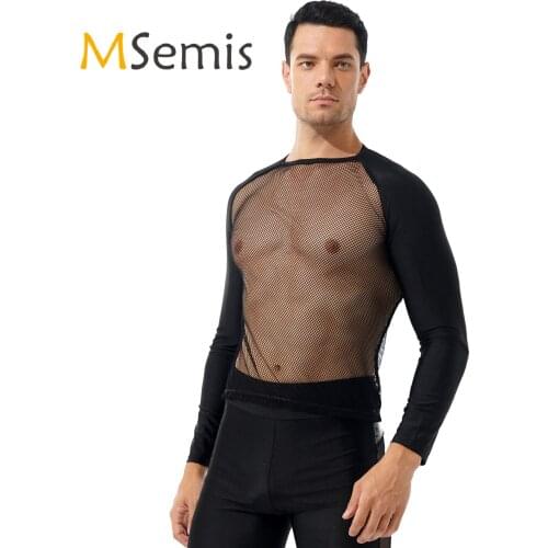 Mens Fashion See-through Mesh T-shirt O Neck Long Sleeve Patchwork Shirts Tops for Party Nightclub Stage Show