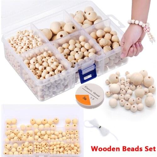 Wooden Beads Set Natural Round Wood Beads Wood Loose Beads with Crystal Elastic Line for Jewelry Craft DIY