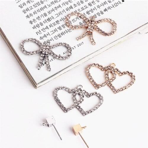 Mini Order 10PCS Crystal Rhinestone Jewelry Necklace Pendants Gold Silver Tone Plated Metal Alloy Ribbon Bow Double Hearts Charm