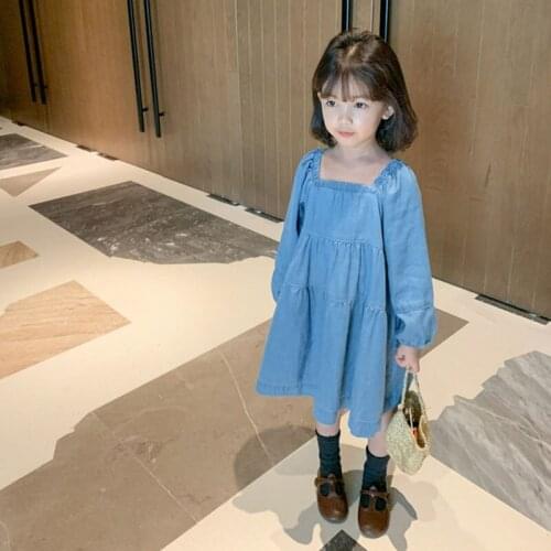 Spring and Autumn New ChildrenS Clothing Fashion Denim Dress for Girls Baby Square Collar Solid Color Dress Kids Clothes