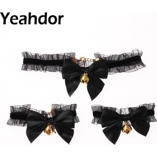 New Lace Collar Bells Bow Necklace Black White Clavicle Choker Lolitas Short Necklace Wristband for Girls Anime Cosplay Costume