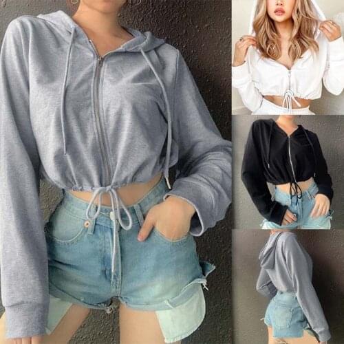 Autumn Women Crop Top Casual Long-Sleeved Hoodie Sweatshirt Street Hip-Hop Hooded Zipper Pumping Jacket
