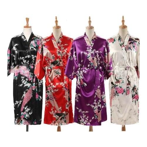 Woman Loose Style Pajamas Home Sleep Wear Lace Up Peacock Print V-neck Night Gown Japanese Kimono Yukata Bathing Robe