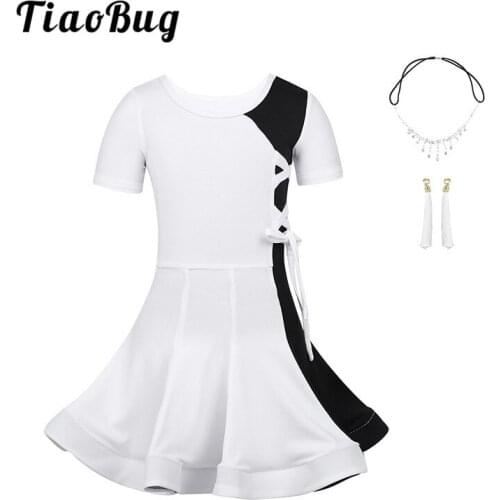 TiaoBug Kids Teens Black White Color Block Slim Latin Dance Dress Children Girls Samba Rumba Tango Salsa Stage Dance Costume Set