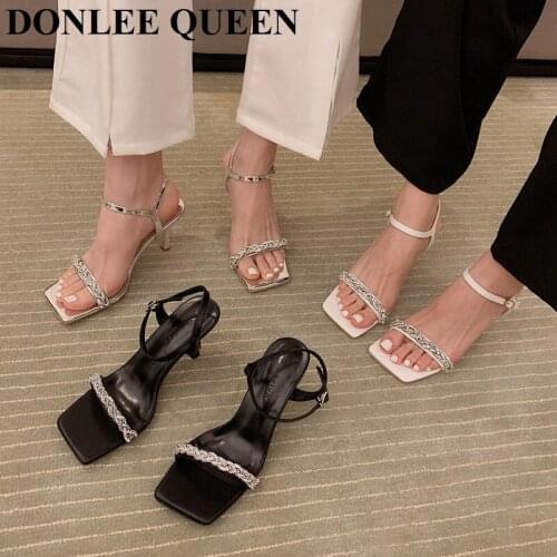 New Brand Sandals Women Fashion High Heel Square Toe Slides Rhinestone Sandal For Party Dress Shoes Outdoor Slippers Bling Mujer