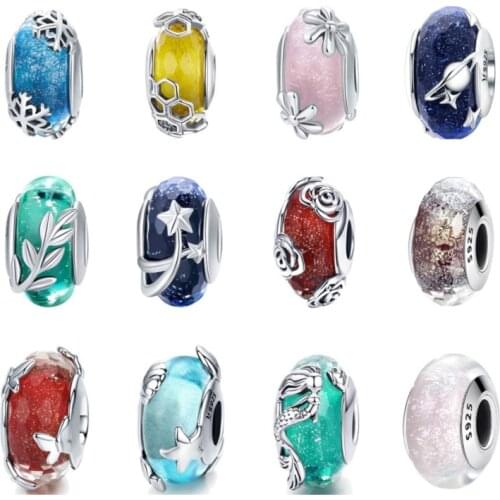 BISAER 925 Sterling Silver Glass Beads Snowflakes Mermaid Star European Beads Charms fit for Charm Bracelets Silver 925 Jewelry