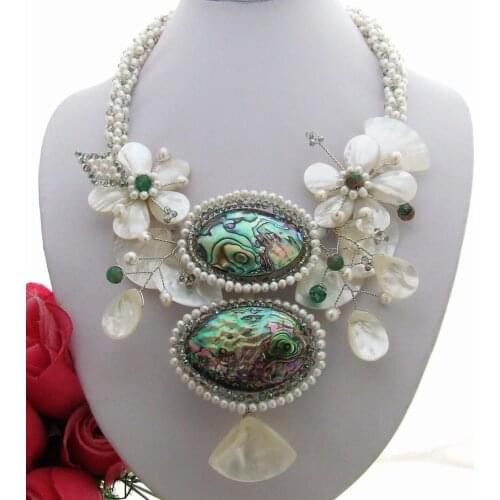 Y·YING Cultured White Pearl White Shell Abalone Shell Crystal Flower Statement Necklace 20"
