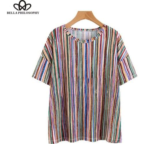 Bella Philosophy women stylish loose colorful striped blouses O neck short sleeve shirts female casual stylish cozy tops DA306