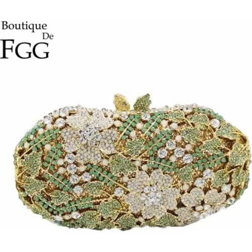 Boutique De FGG Green Flower Women Evening Bags Formal Dinner Crystal Clutch Wedding Purses and Handbags