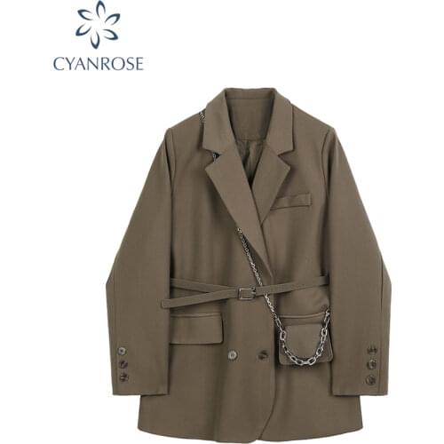 Autumn Fashion Blazer Jacket Women With Belt Casual Pockets Loose Office Lady Double Breasted Coat Vintage Suits Outwear