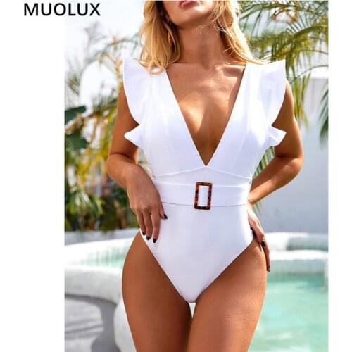 Ruffle One Piece Swimsuit Women Swimwear Sexy Deep V Belted Bikini 2021 Bodysuit Bathing Suit White Beachwear Backless Swim Suit
