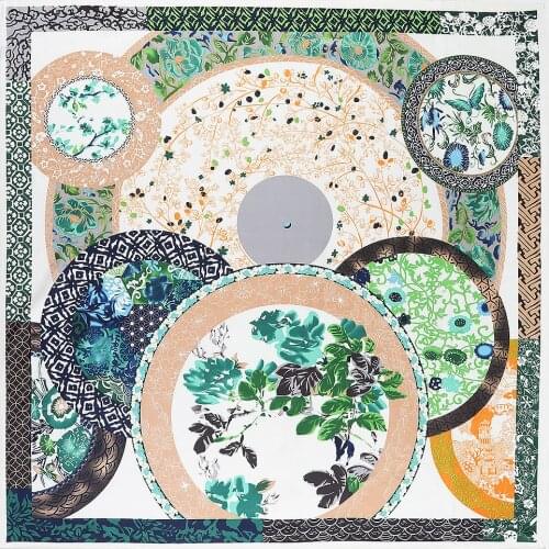 100% Twill Silk Scarf for Women 130*130 cm Blue Floral Print Square Scarves for Ladies Gift Fashion Brand Luxury Large Shawls