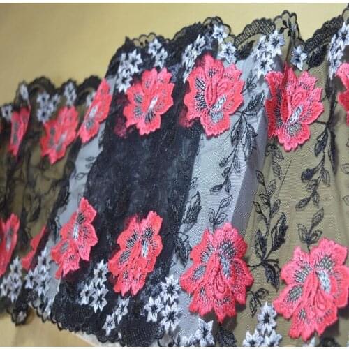 2 Meters/lot High End Exquisite Black with Red Embroidery Bilateral Lace Trim DIY Dress Floral Lace Accessories Textile Fabrics
