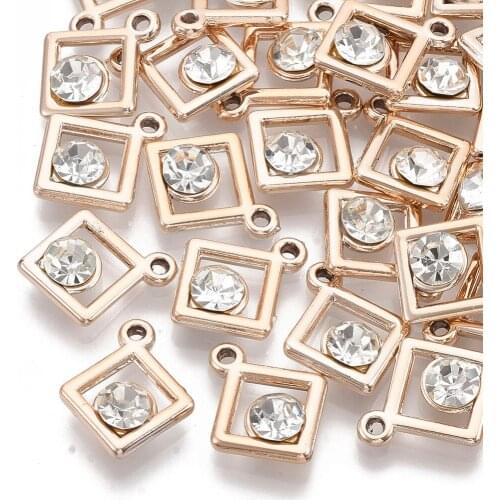 100pcs Plating Acrylic Pendants with Rhinestone Rhombus Flower Pendant Charms for Jewelry Making DIY Necklace Accessories