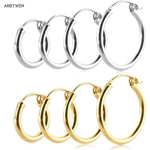 ANDYWEN 925 Sterling Silver Gold Hollow Hoops Earring Women Size Huggies 9.5mm 12.5mm 14.5mm 17.5mm Piercing Pendientes Clips