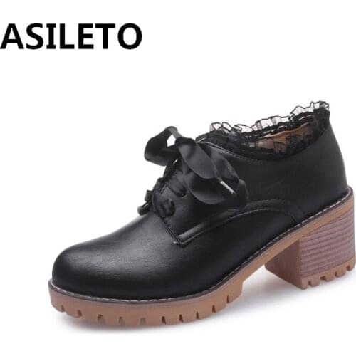 ASILETO 2021 Cute Princess Lady Pumps College Style Lace Up Ribbons Round Toe Platforms 6CM Chunky Heel US12 Black Beige A4402